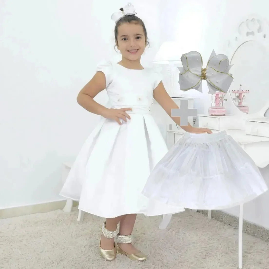 Girl's White dress with lace, formal party + Hair Bow + Girl Petticoat, Birthday Baby Girl 18-24 months US numeric Girl's White dress with lace, formal party + Hair Bow + Girl Petticoat, Birthday Baby Girl 18-24 months US numeric