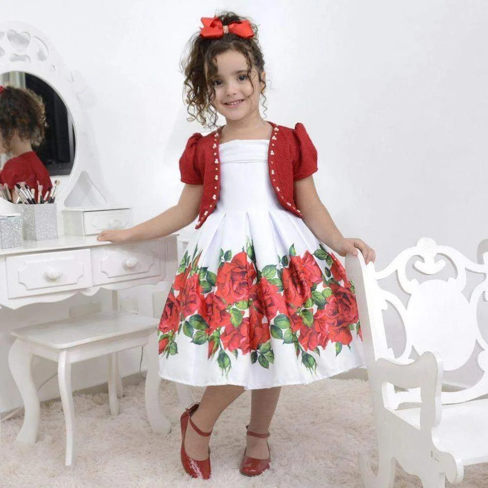 Girls' White Dress with Red Roses & Bolero | Formal Party Model & Satiny Twill Fabric 100% Cotton Moderna Meninas Girls' White Dress with Red Roses & Bolero | Formal Party Model & Satiny Twill Fabric 100% Cotton Moderna Meninas