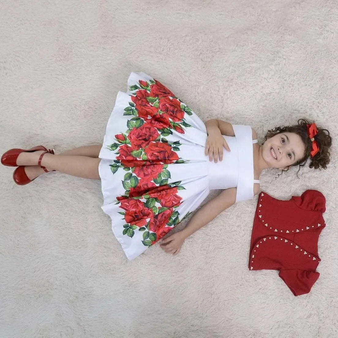 white and red rose dress Girl's White dress with red roses and bolero + Hair Bow + Girl Petticoat, Birthday Baby Girl 3T US numeric