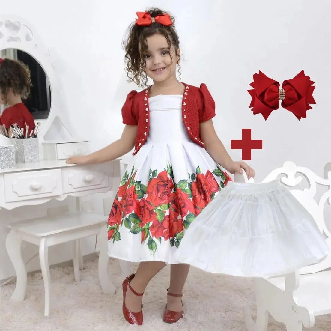 Vestido Niña Blanco con Rosas Rojas Bolero Lazo Enagua