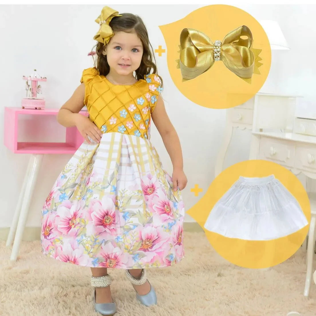 Golden Dress With Floral Skirt + Hair Bow + Girl Petticoat, Clothes Birthday Party 18-24 months US numeric Golden Dress With Floral Skirt + Hair Bow + Girl Petticoat, Clothes Birthday Party 18-24 months US numeric