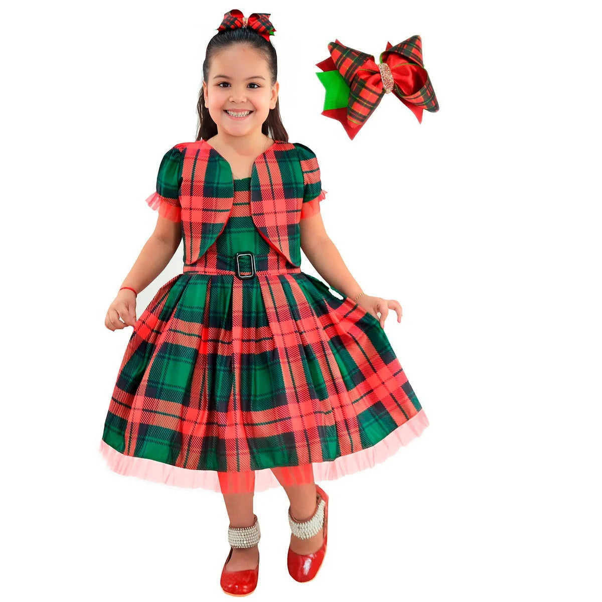 Holiday Clothing, Plaid Dress Kids, Dress Christmas for Girls with Bolero + Hair Bow 3T US Numeric