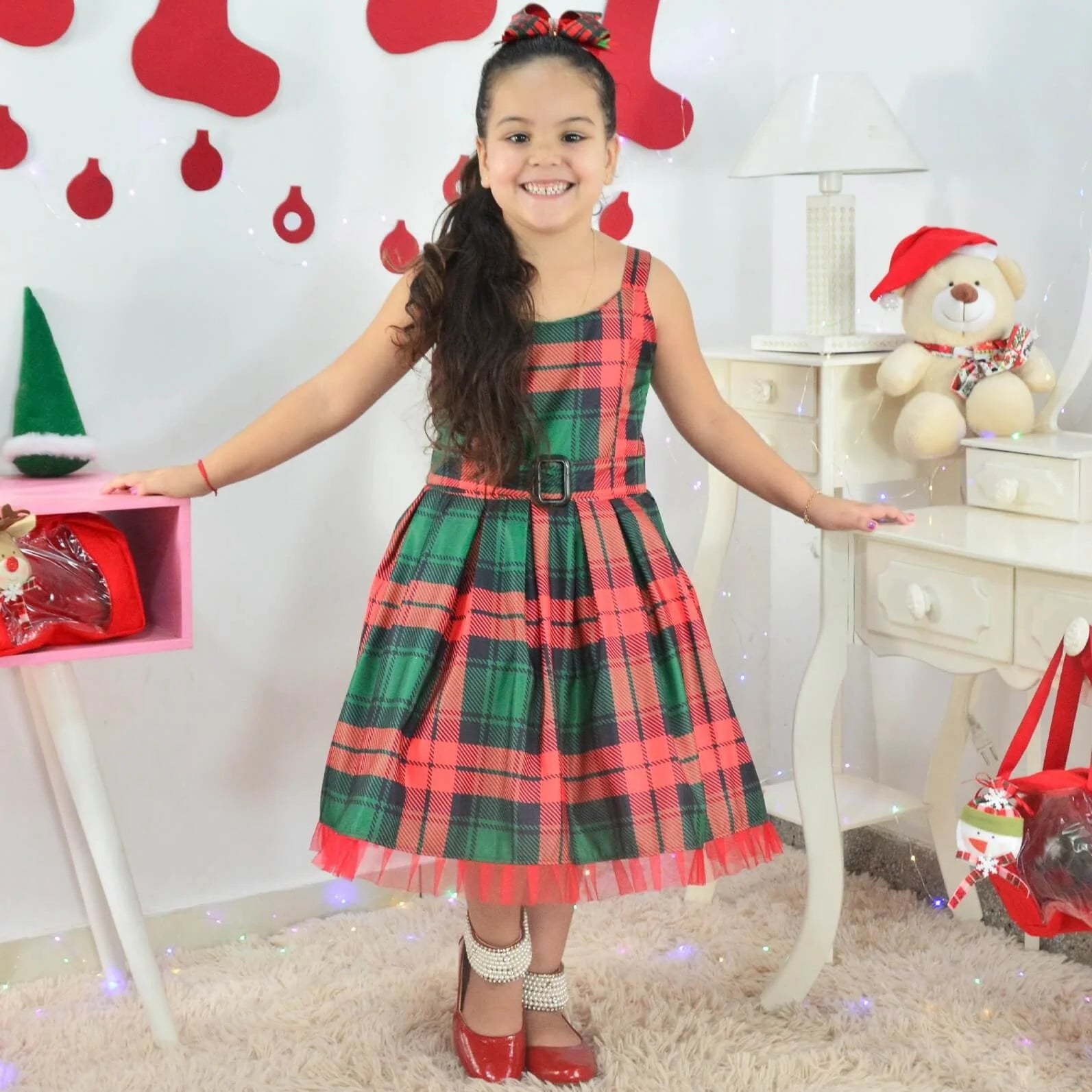 Holiday clothing, Plaid Dress kids, Dress Christmas for Girls + Hair Bow 6 US numeric