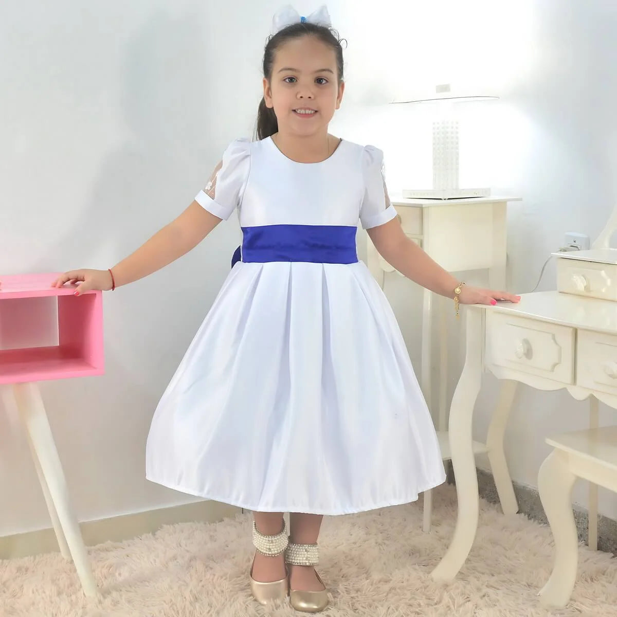 White and sales blue graduation dress