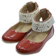 Leather girls shoes withp pearls application - Red color