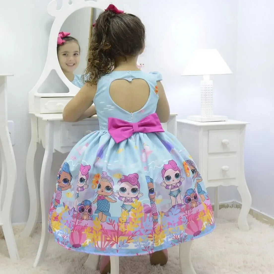 Lol Mermaid Theme Kids Dress + Hair Bow + Girl Petticoat, Clothes Birthday Party 4T US Numeric