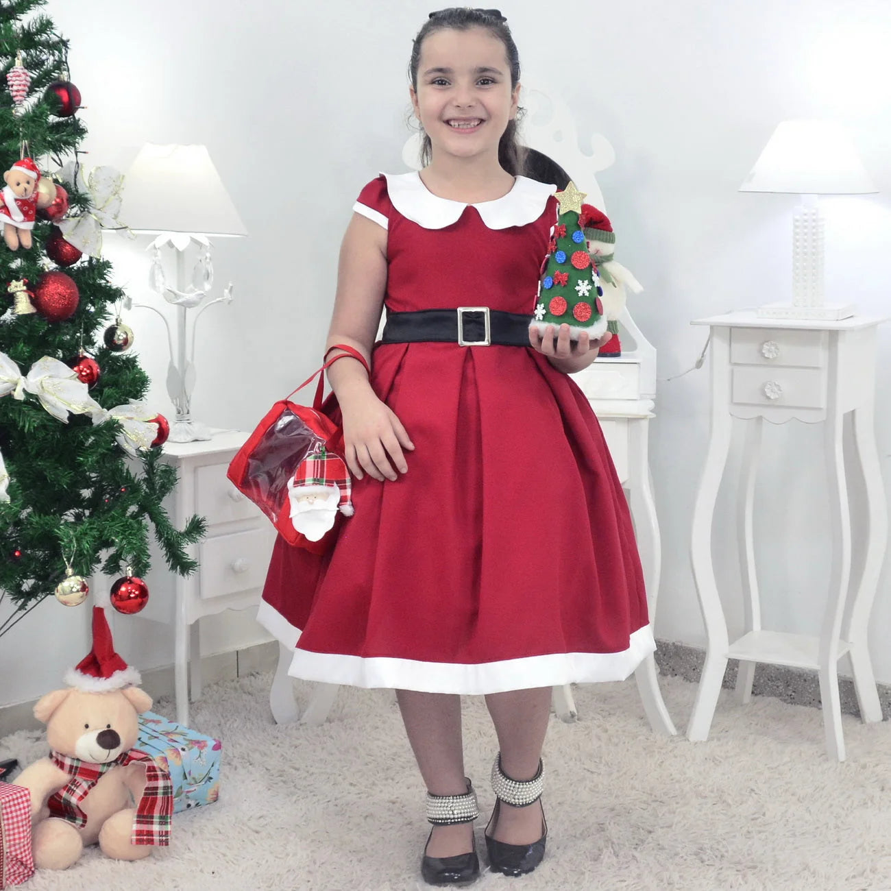 Mrs. Santa Claus Theme Girl Dress, Bag and Christmas Tree To Assemble 10 US numeric