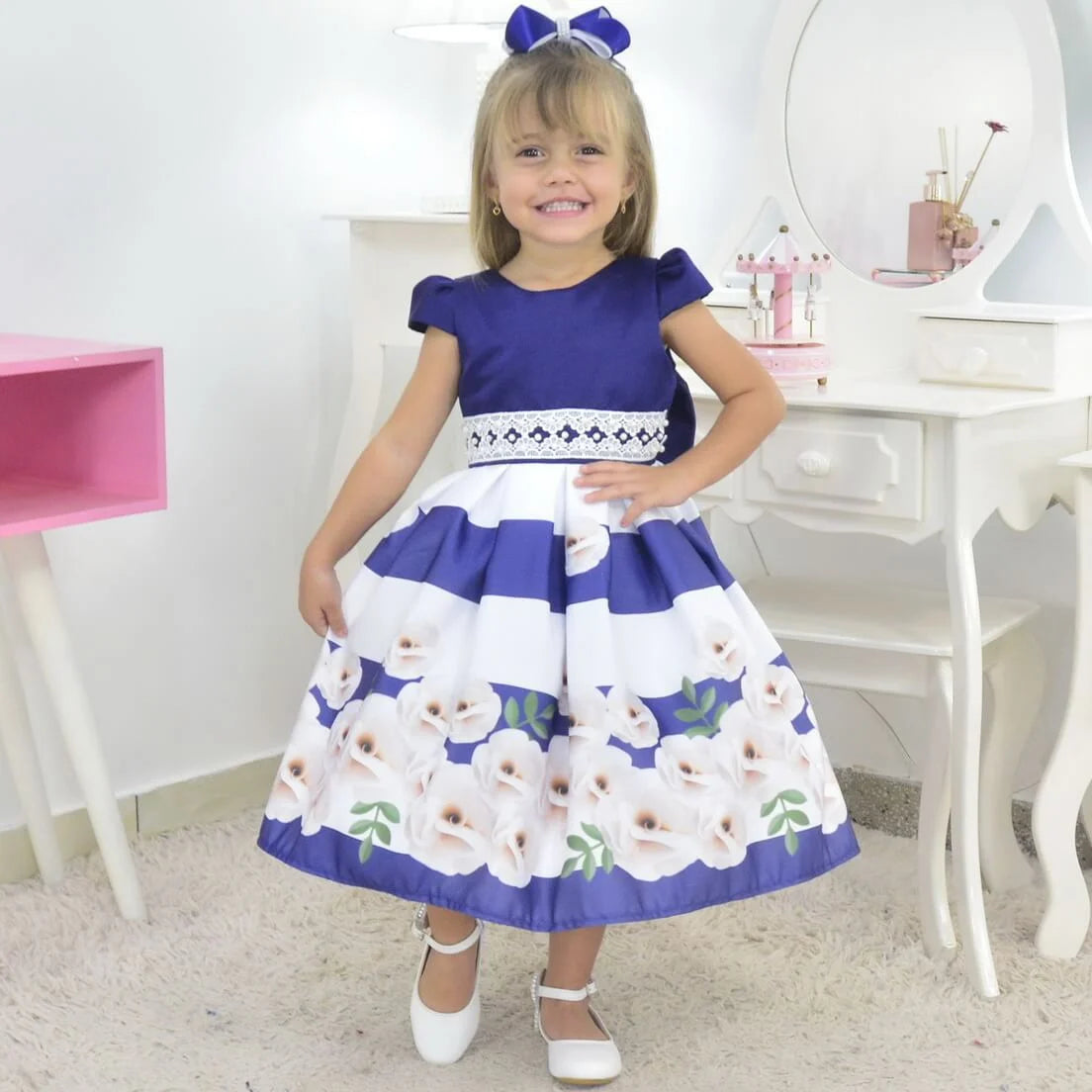 Navy Blue Floral Dress Baby Girl Birthday Party Outfit 10 US Numeric