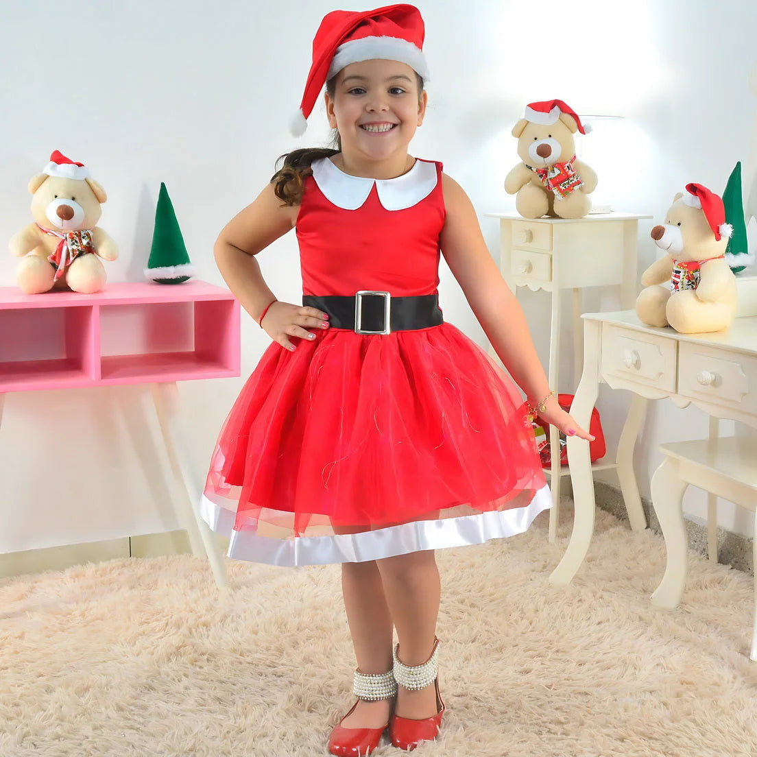 Kids Christmas Dress with LED Lights + Christmas Hat for Festive Sparkle – Moderna Meninas