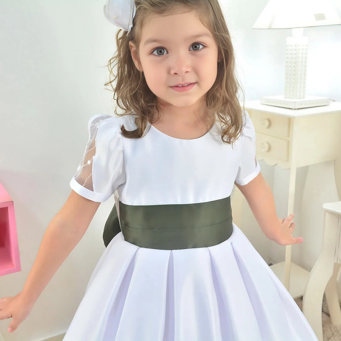Olive Green Children's White Dress Details Wedding, Graduation and Christening 5 US Numeric