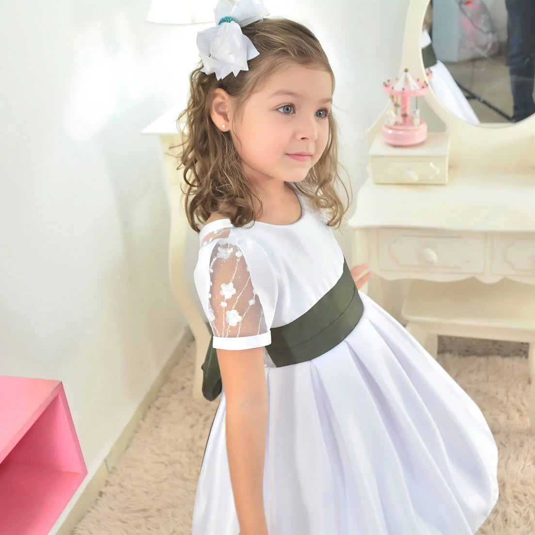 Olive Green Children's White Dress Details Wedding, Graduation and Christening 5 US Numeric