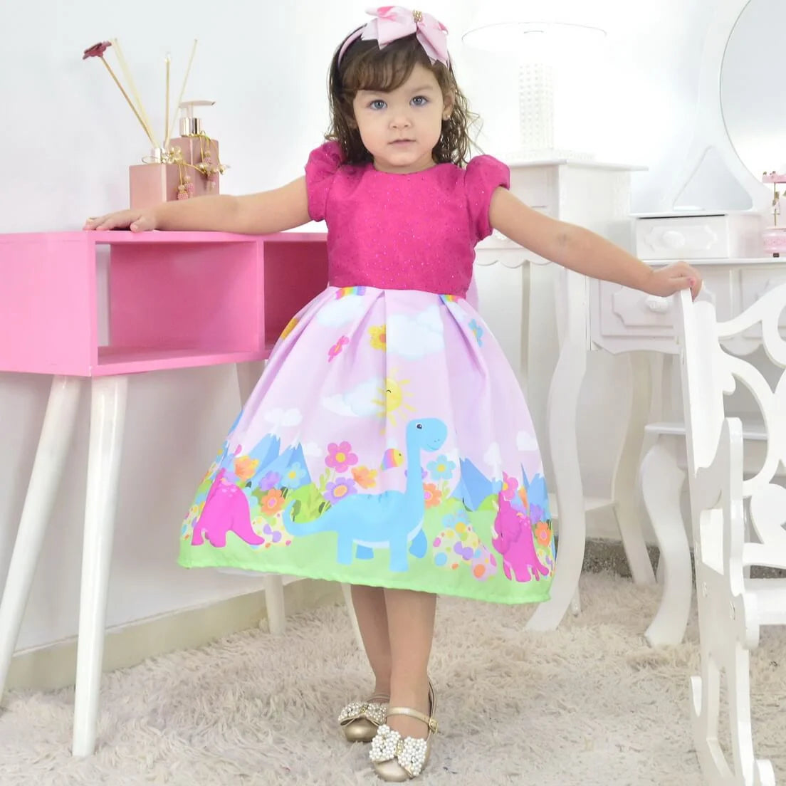 Pink Dinosaur Dress For Baby and Girl, Birthday Party 6 US numeric Pink Dinosaur Dress For Baby and Girl, Birthday Party 6 US numeric