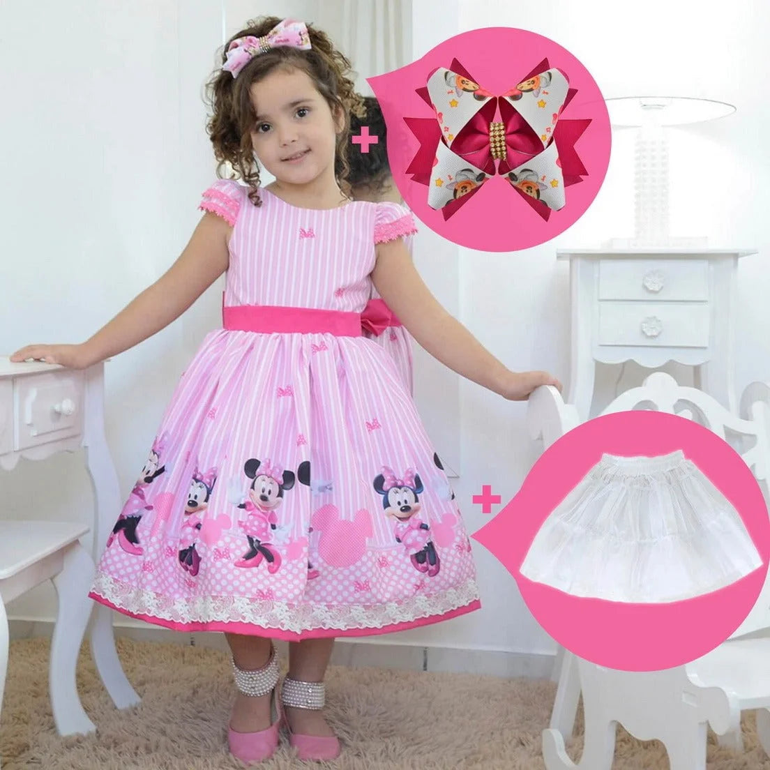 Pink Minnie Dress Hair Bow Girl Petticoat Clothes Birthday Party