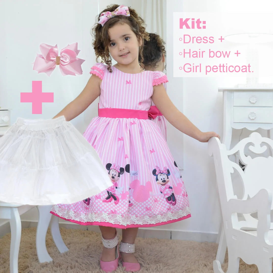 Pink Minnie Dress + Hair Bow + Girl Petticoat, Clothes Birthday Party 9 US numeric