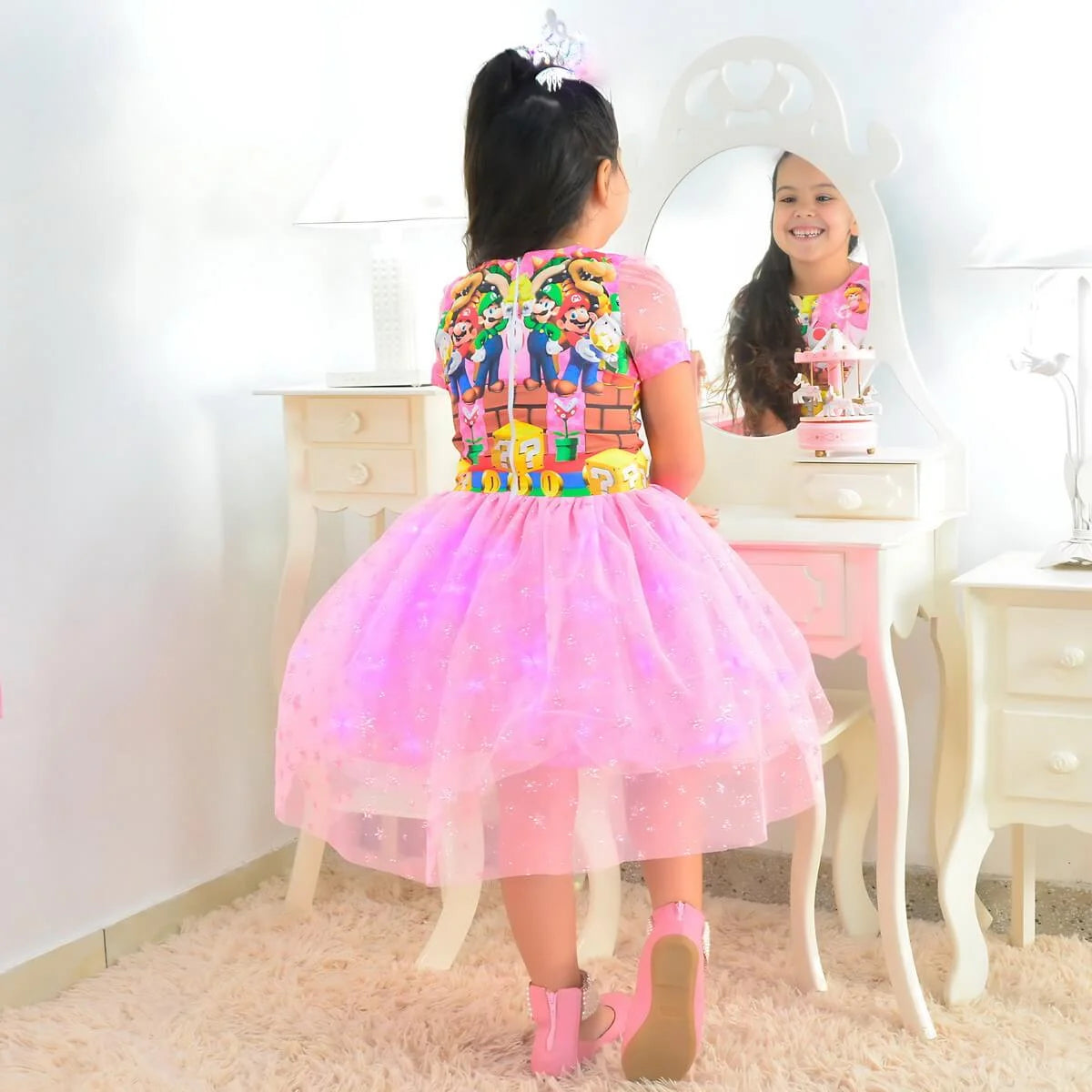 Princess Peach Dress with LED Light and Flashing Crown - Super Mario Costume 6 US Numeric / Pink