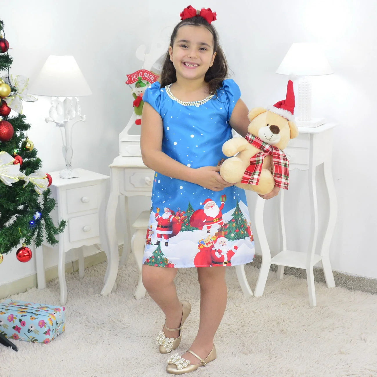 white christmas dresses Santa Claus Girl Trapeze Blue Dress and Teddy Bear, Christmas Holiday 2T US Numeric