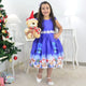 Santa Claus Theme Girl Blue Dress and Teddy Bear, Christmas Holiday