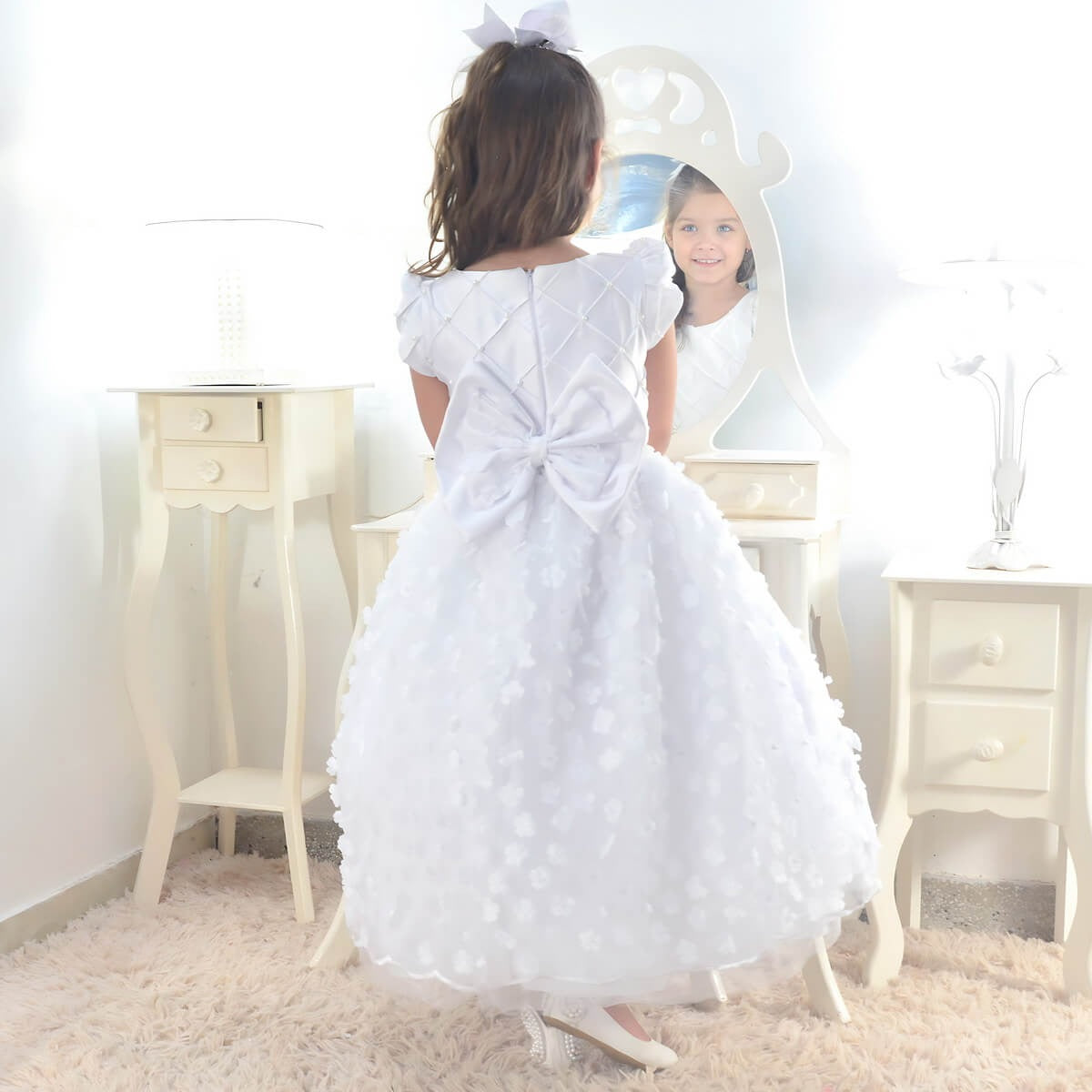 Children's Dress Christening Bridesmaid Wedding White Mega Luxury + Hair Bow 12-18 Months US Numeric