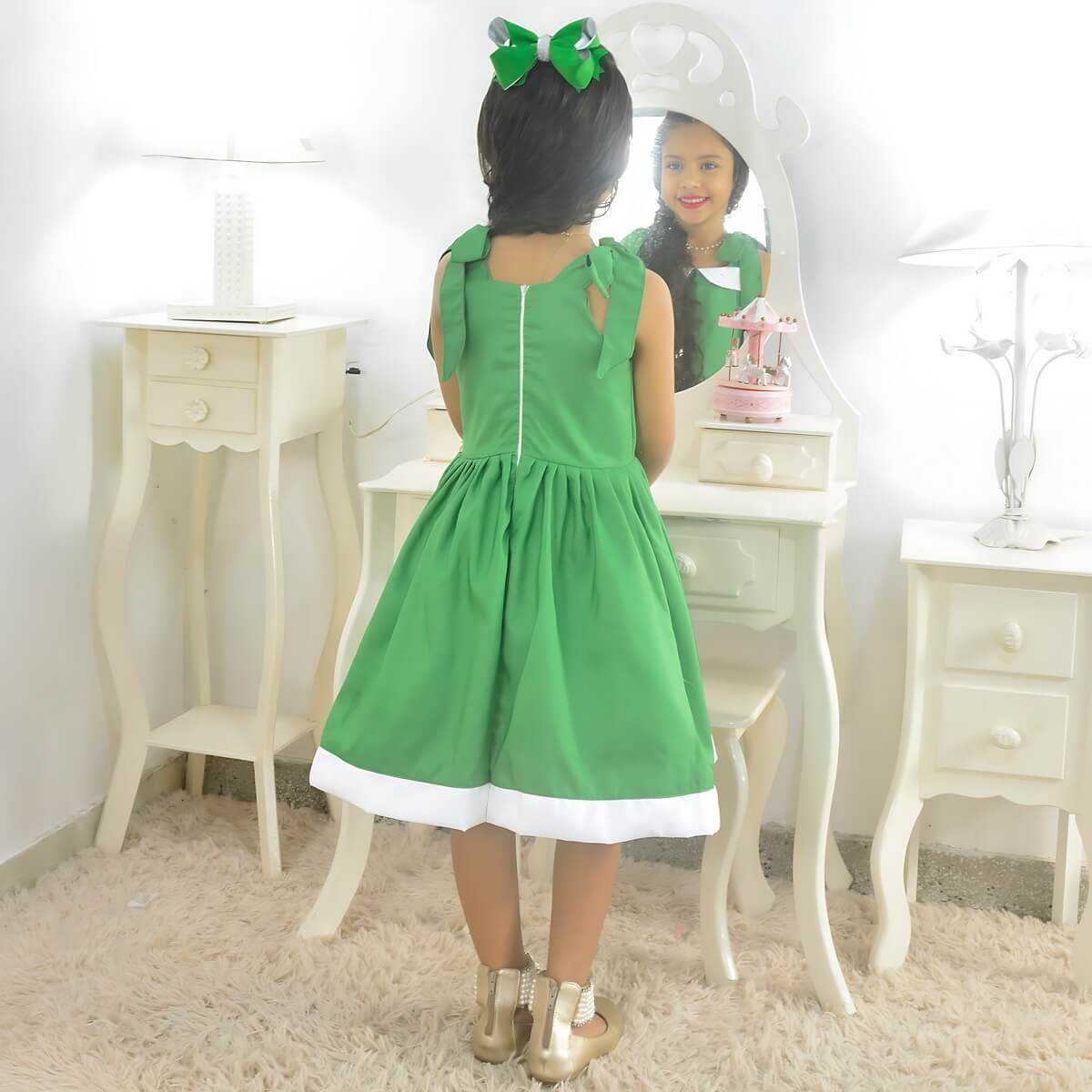 Casual Girl's Green Dress Elegant Hair Bow1