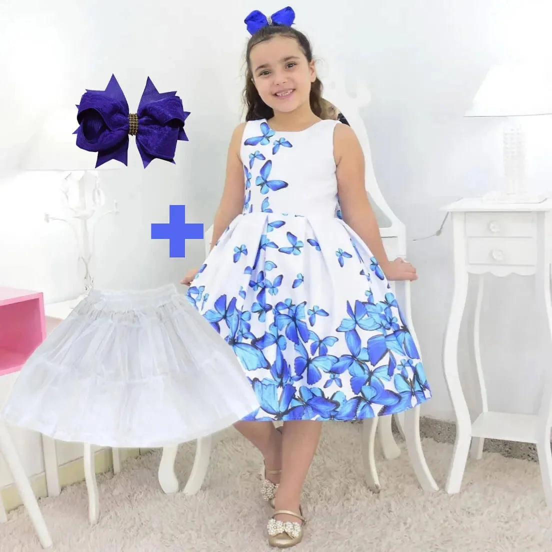 White Children's Dress With Blue Butterflies + Hair Bow + Girl Petticoat, Birthday Baby Girl 4T US numeric